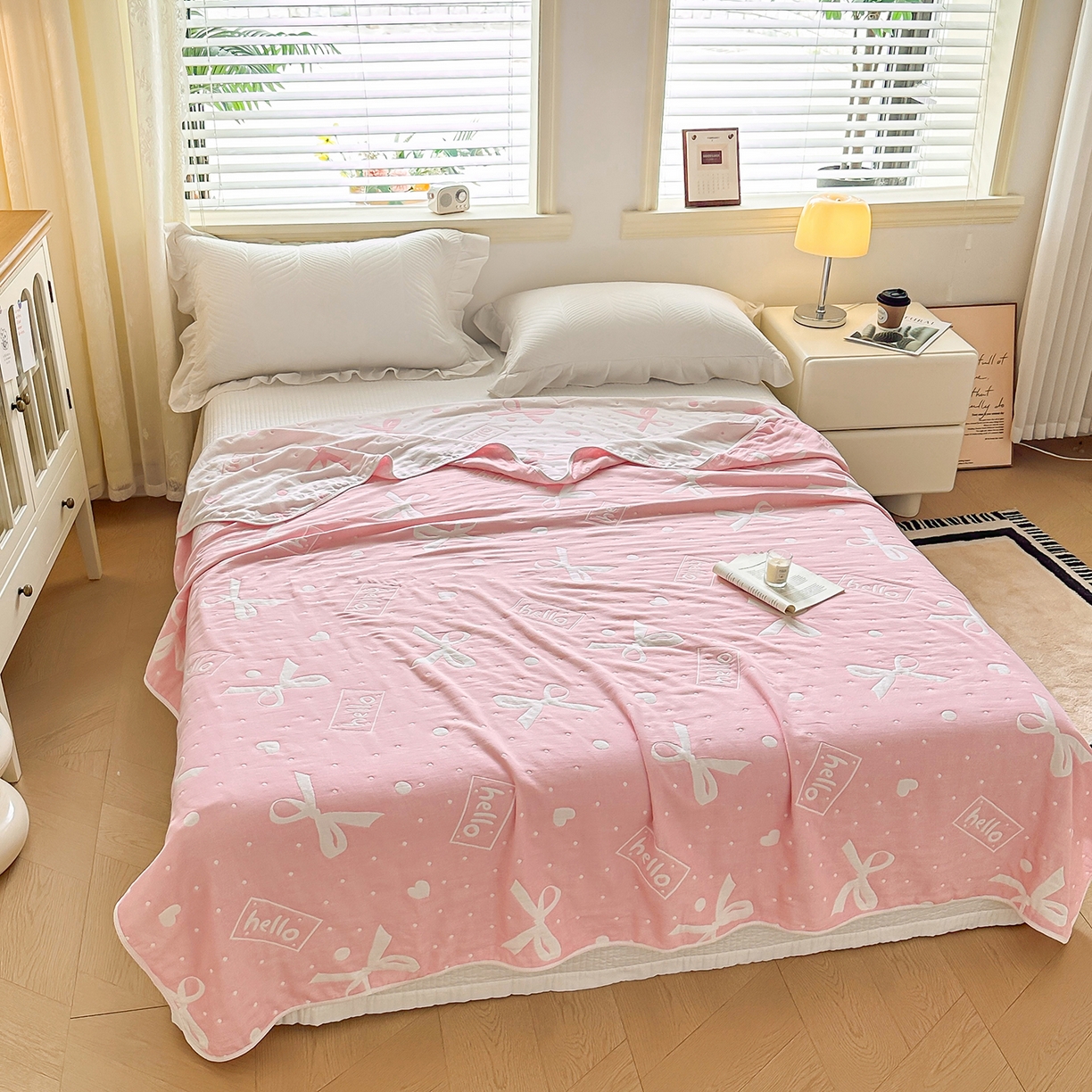 91家纺网 家纺一手货源 找家纺 小叮当家纺仓储工厂店 (买家秀 爆款花型 不断货)2025新款全棉六层纱布毛巾被系列 甜心窝-粉