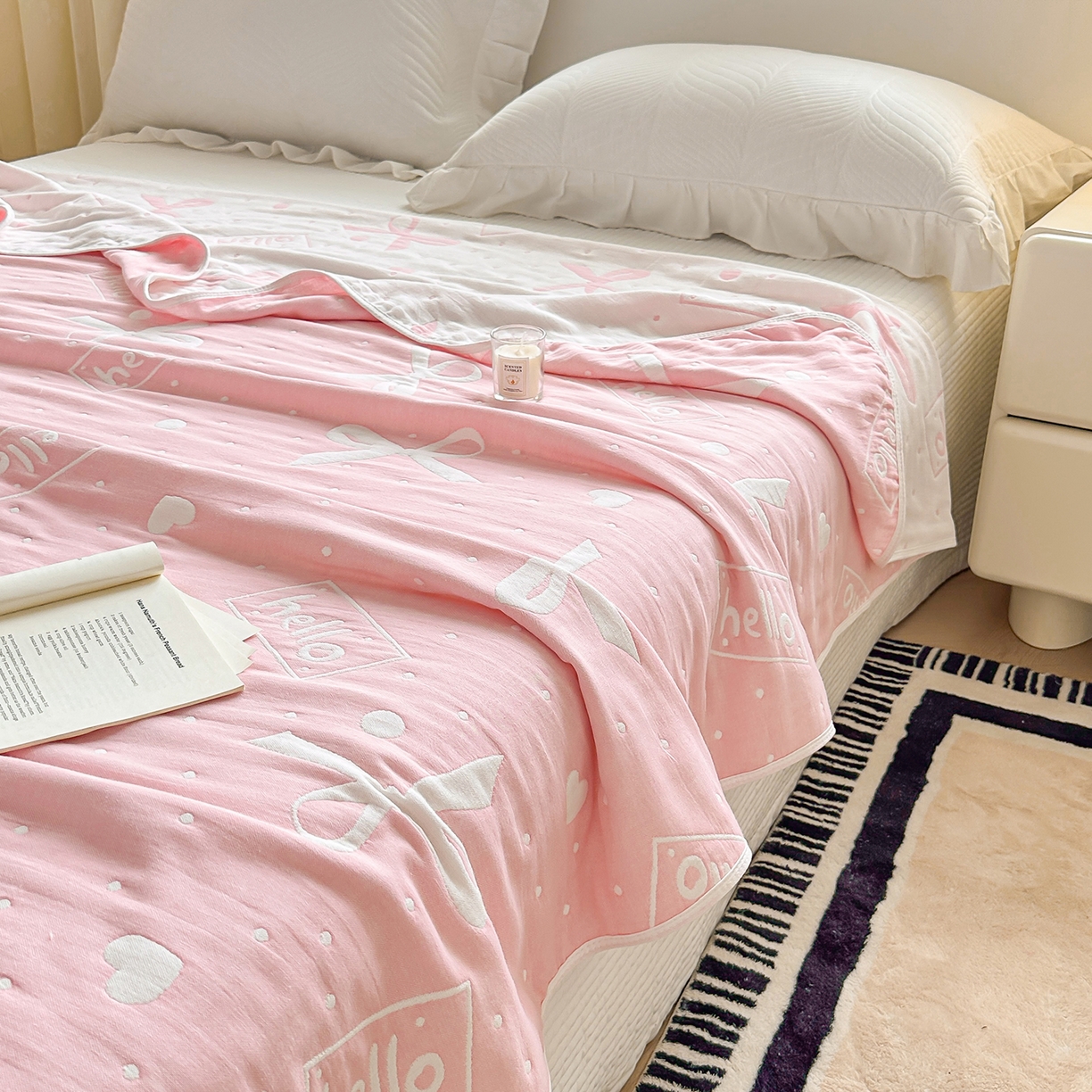 91家纺网 家纺一手货源 找家纺 小叮当家纺仓储工厂店 (买家秀 爆款花型 不断货)2025新款全棉六层纱布毛巾被系列 甜心窝-粉