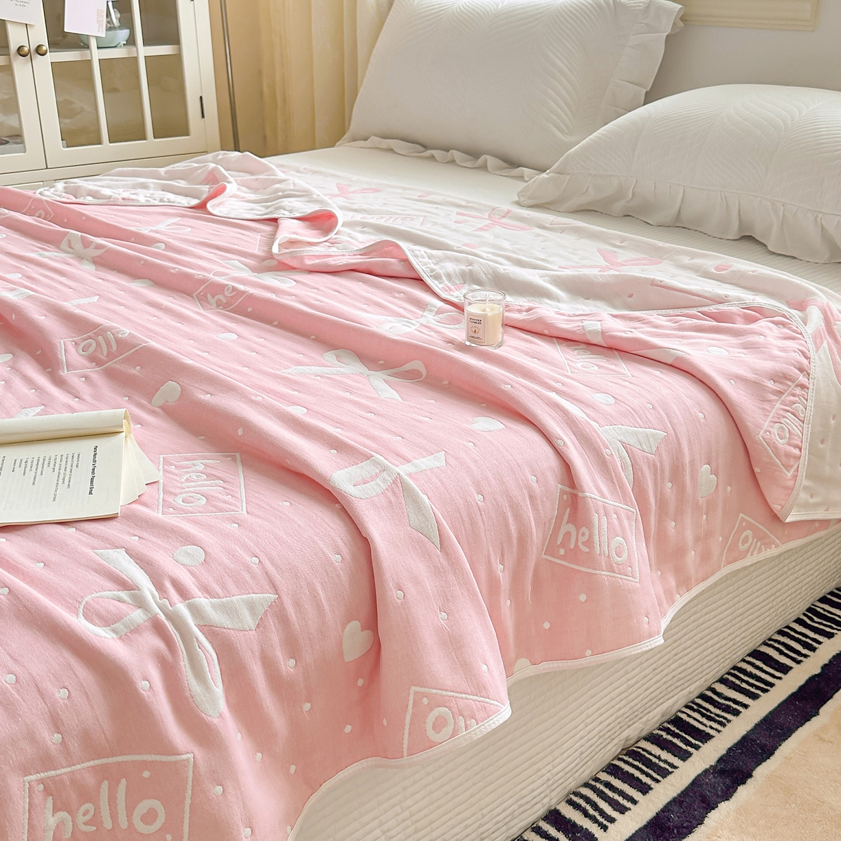 91家纺网 家纺一手货源 找家纺 小叮当家纺仓储工厂店 (买家秀 爆款花型 不断货)2025新款全棉六层纱布毛巾被系列 甜心窝-粉