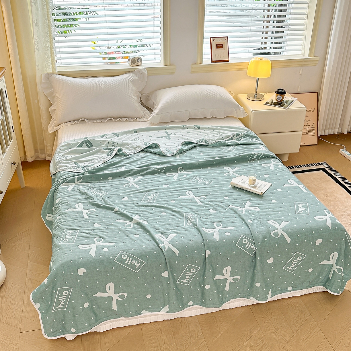 91家纺网 家纺一手货源 找家纺 小叮当家纺仓储工厂店 (买家秀 爆款花型 不断货)2025新款全棉六层纱布毛巾被系列 甜心窝-绿