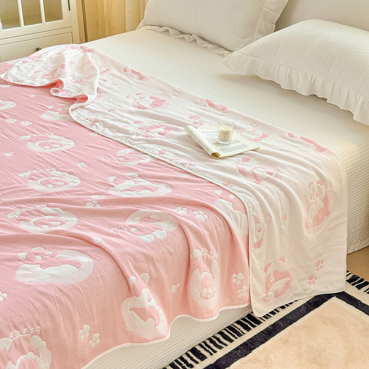 91家纺网 家纺一手货源 找家纺 小叮当家纺仓储工厂店 (买家秀 爆款花型 不断货)2025新款全棉六层纱布毛巾被系列 熊梦-粉