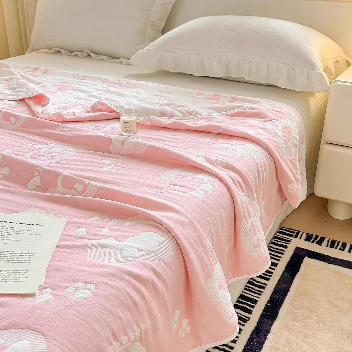 91家纺网 家纺一手货源 找家纺 小叮当家纺仓储工厂店 (买家秀 爆款花型 不断货)2025新款全棉六层纱布毛巾被系列 熊梦-粉