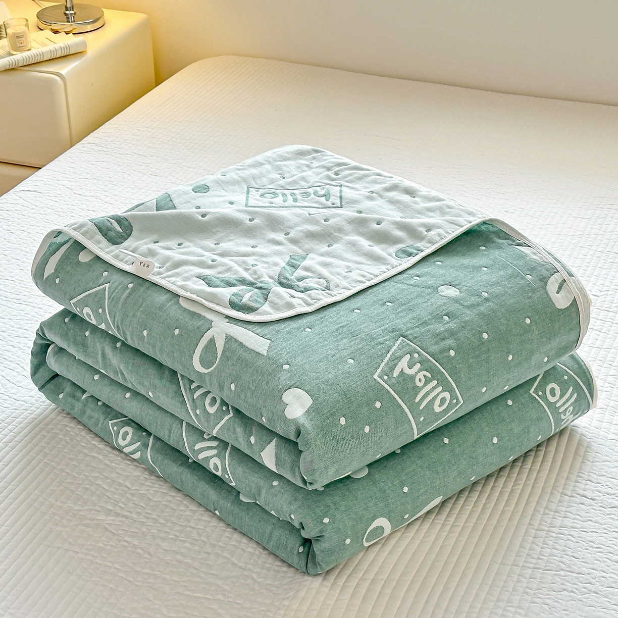 小叮当家纺仓储工厂店 (买家秀 爆款花型 不断货)2025新款全棉六层纱布毛巾被系列 甜心窝-绿