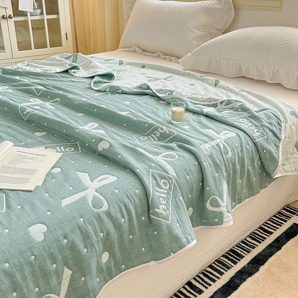 91家纺网 家纺一手货源 找家纺 小叮当家纺仓储工厂店 (买家秀 爆款花型 不断货)2025新款全棉六层纱布毛巾被系列 甜心窝-绿