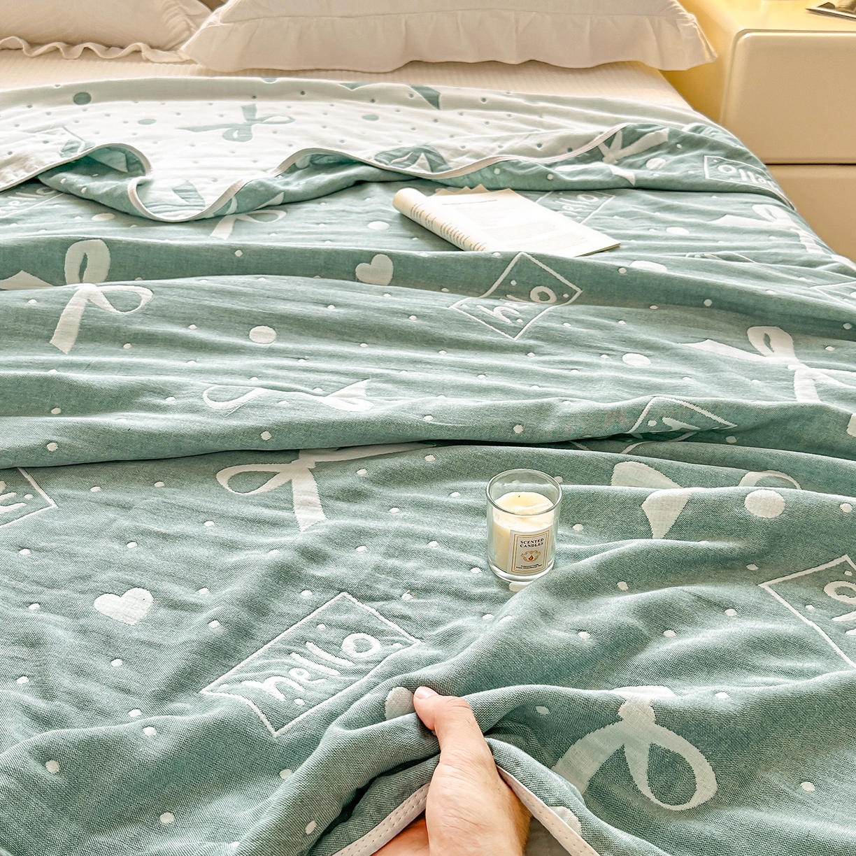 91家纺网 家纺一手货源 找家纺 小叮当家纺仓储工厂店 (买家秀 爆款花型 不断货)2025新款全棉六层纱布毛巾被系列 甜心窝-绿