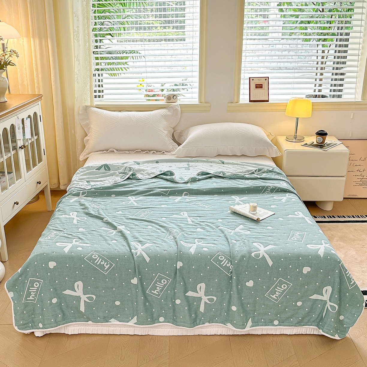 91家纺网 家纺一手货源 找家纺 小叮当家纺仓储工厂店 (买家秀 爆款花型 不断货)2025新款全棉六层纱布毛巾被系列 甜心窝-绿