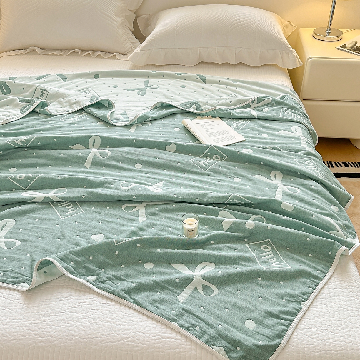 91家纺网 家纺一手货源 找家纺 小叮当家纺仓储工厂店 (买家秀 爆款花型 不断货)2025新款全棉六层纱布毛巾被系列 甜心窝-绿