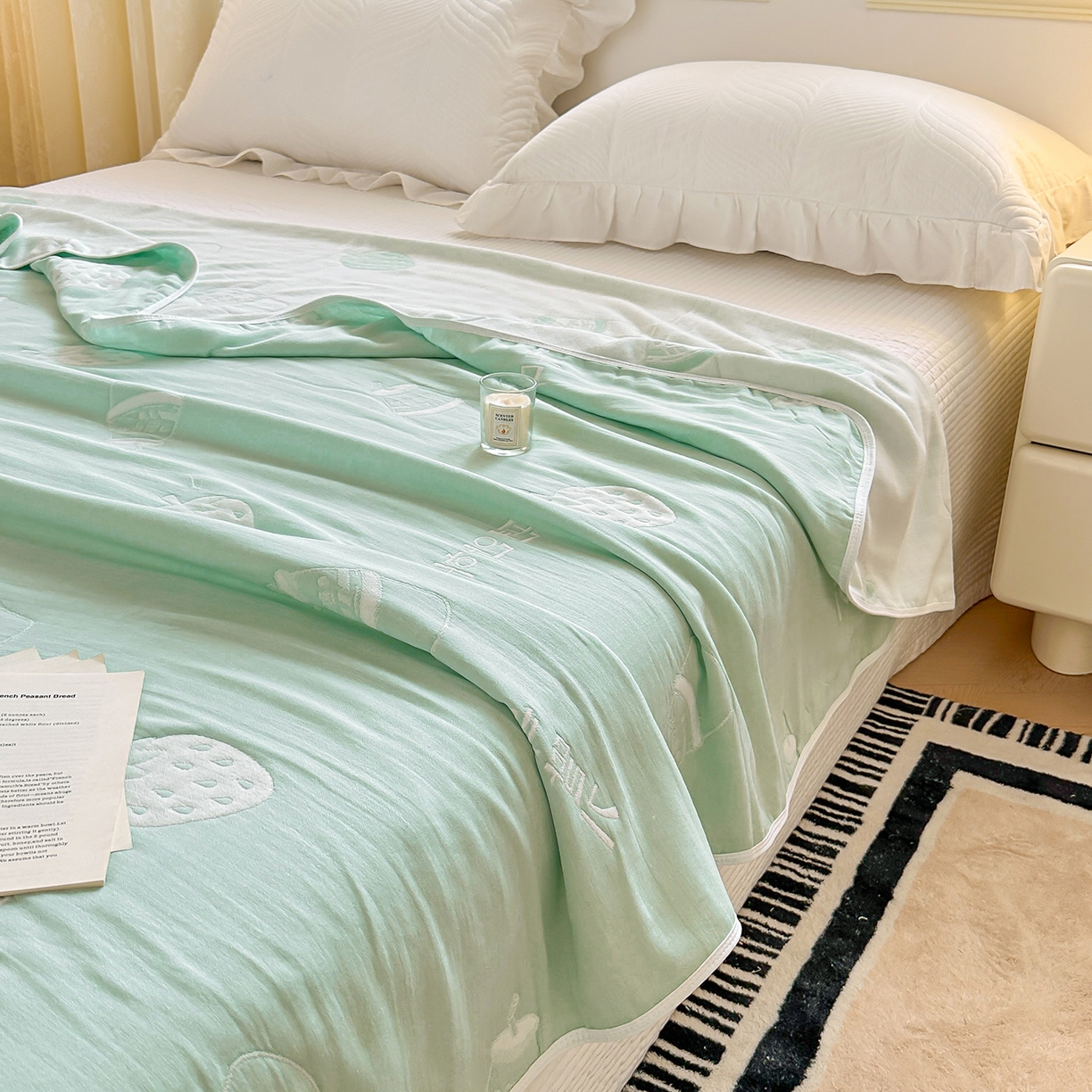 91家纺网 家纺一手货源 找家纺 小叮当家纺仓储工厂店 (买家秀 爆款花型 不断货)2025新款全棉六层纱布毛巾被系列 草莓果奶-绿