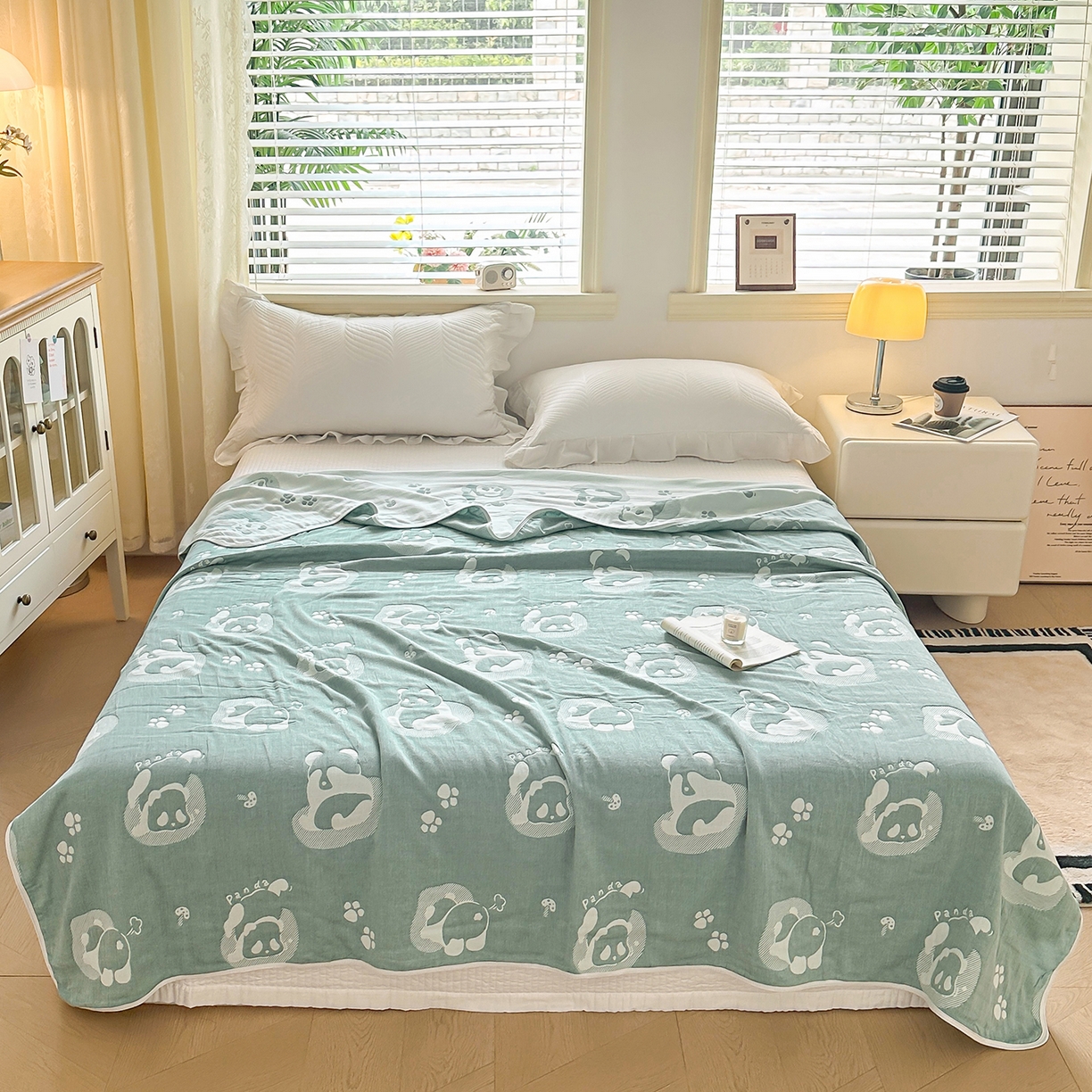 91家纺网 家纺一手货源 找家纺 小叮当家纺仓储工厂店 (买家秀 爆款花型 不断货)2025新款全棉六层纱布毛巾被系列 熊梦-绿