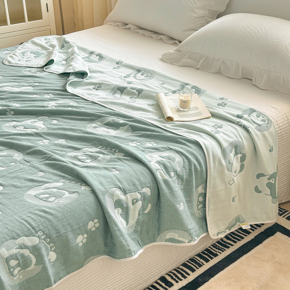 91家纺网 家纺一手货源 找家纺 小叮当家纺仓储工厂店 (买家秀 爆款花型 不断货)2025新款全棉六层纱布毛巾被系列 熊梦-绿