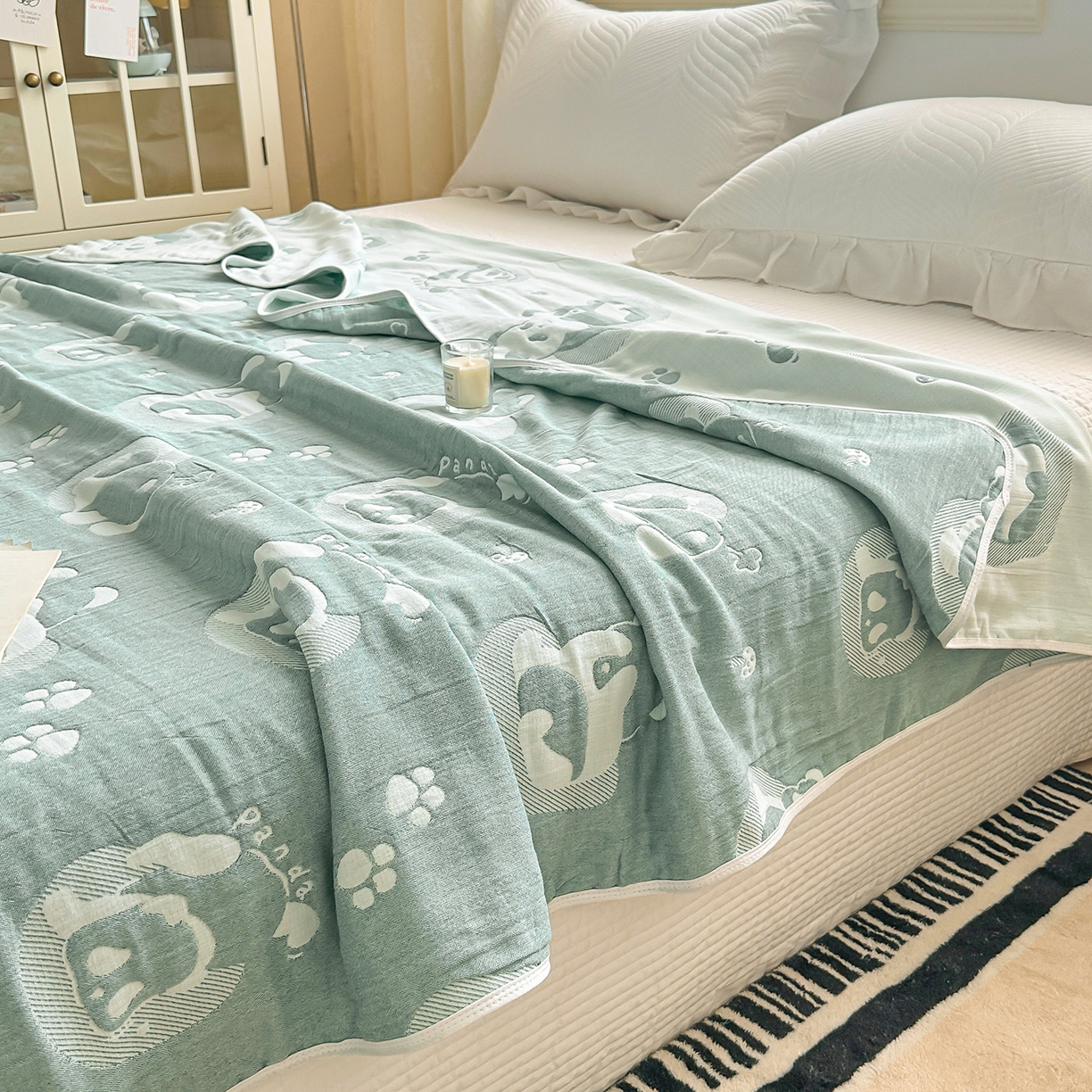 91家纺网 家纺一手货源 找家纺 小叮当家纺仓储工厂店 (买家秀 爆款花型 不断货)2025新款全棉六层纱布毛巾被系列 熊梦-绿