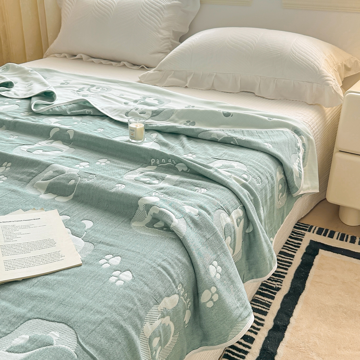 91家纺网 家纺一手货源 找家纺 小叮当家纺仓储工厂店 (买家秀 爆款花型 不断货)2025新款全棉六层纱布毛巾被系列 熊梦-绿