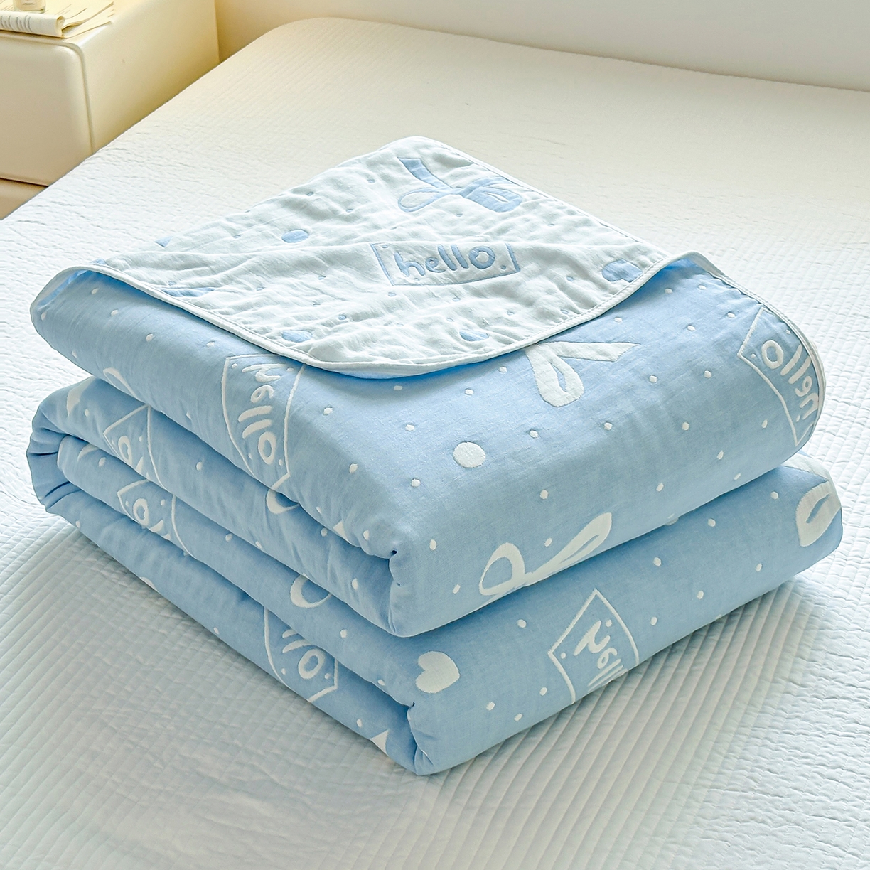 小叮当家纺仓储工厂店 (买家秀 爆款花型 不断货)2025新款全棉六层纱布毛巾被系列 甜心窝-蓝