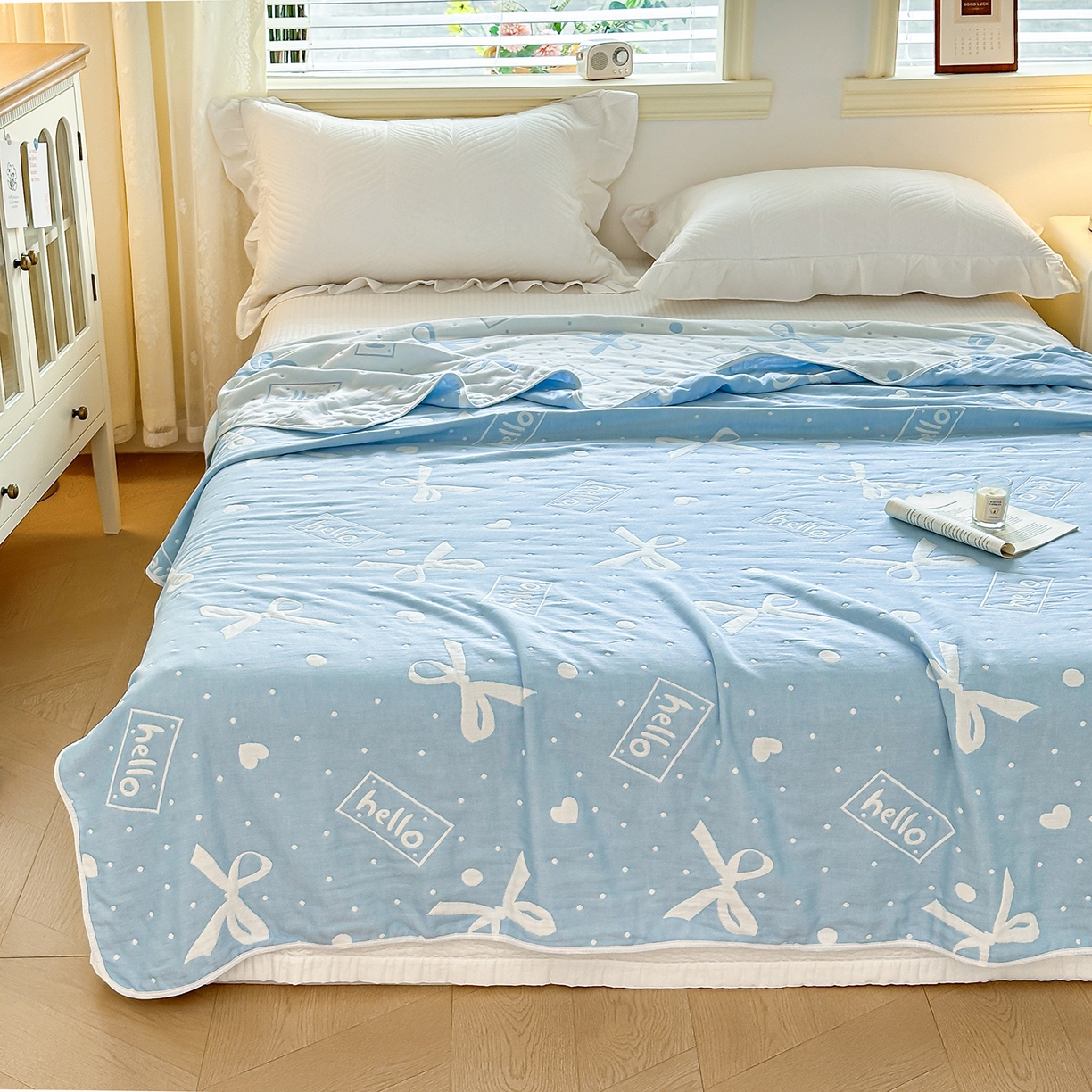 91家纺网 家纺一手货源 找家纺 小叮当家纺仓储工厂店 (买家秀 爆款花型 不断货)2025新款全棉六层纱布毛巾被系列 甜心窝-蓝