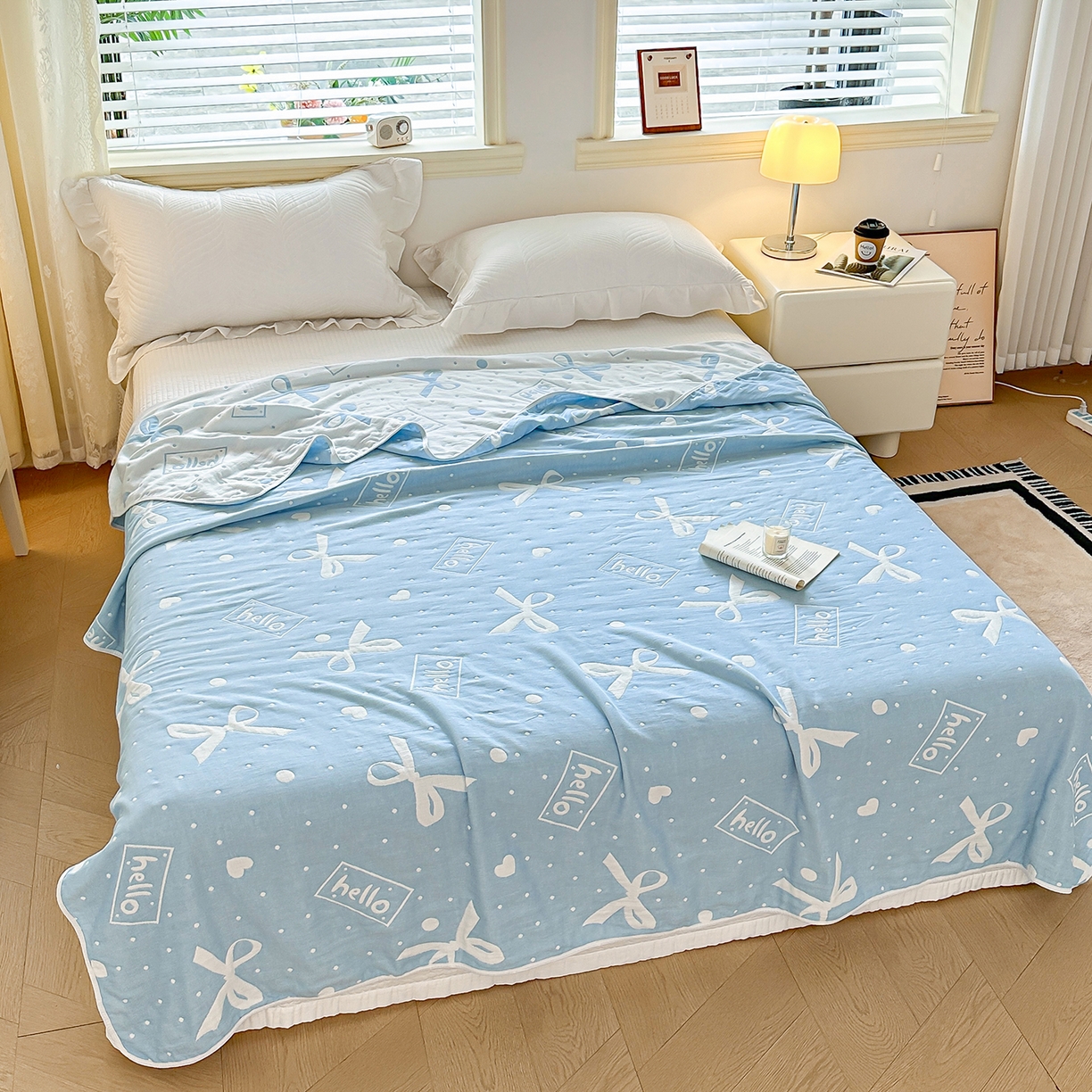 91家纺网 家纺一手货源 找家纺 小叮当家纺仓储工厂店 (买家秀 爆款花型 不断货)2025新款全棉六层纱布毛巾被系列 甜心窝-蓝