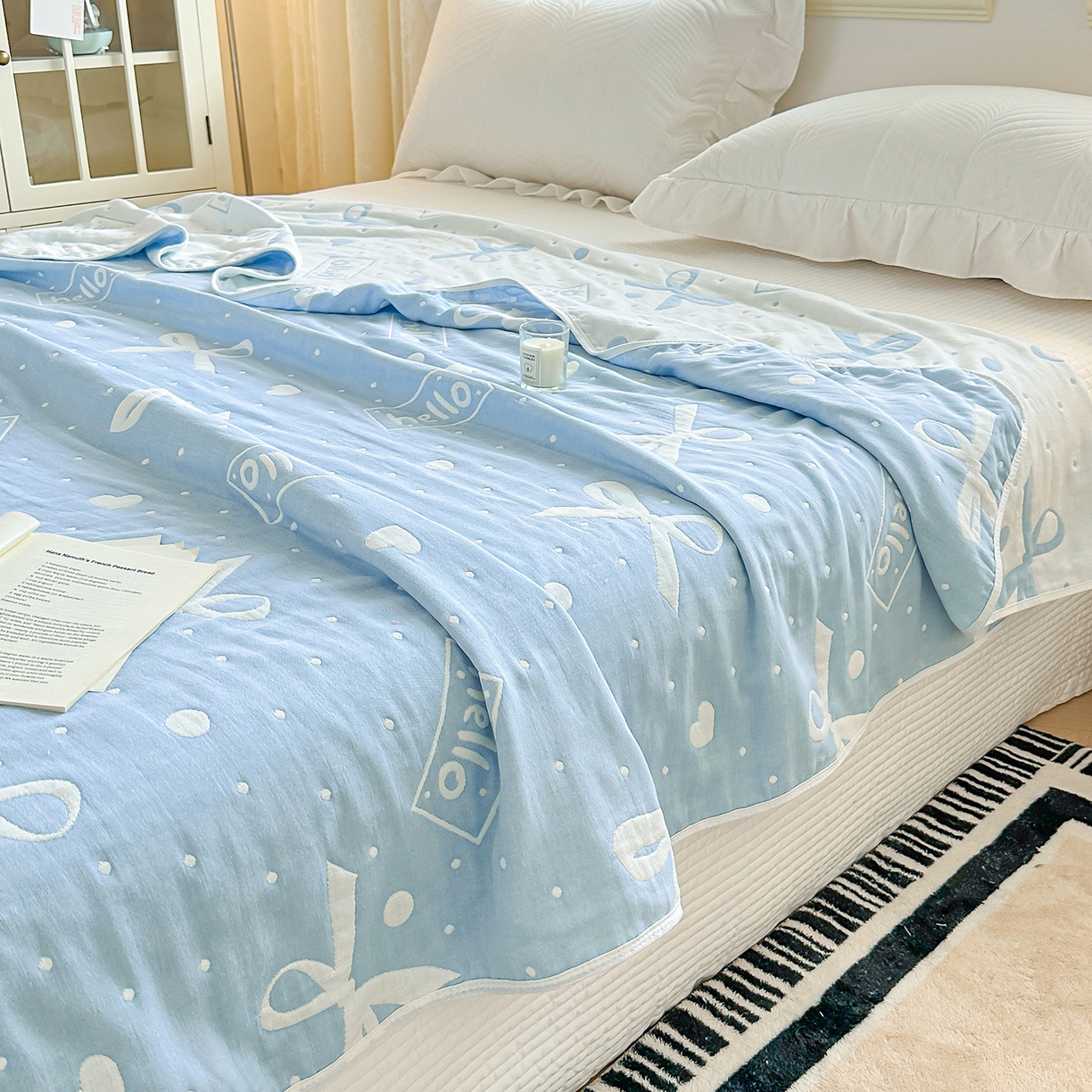 91家纺网 家纺一手货源 找家纺 小叮当家纺仓储工厂店 (买家秀 爆款花型 不断货)2025新款全棉六层纱布毛巾被系列 甜心窝-蓝