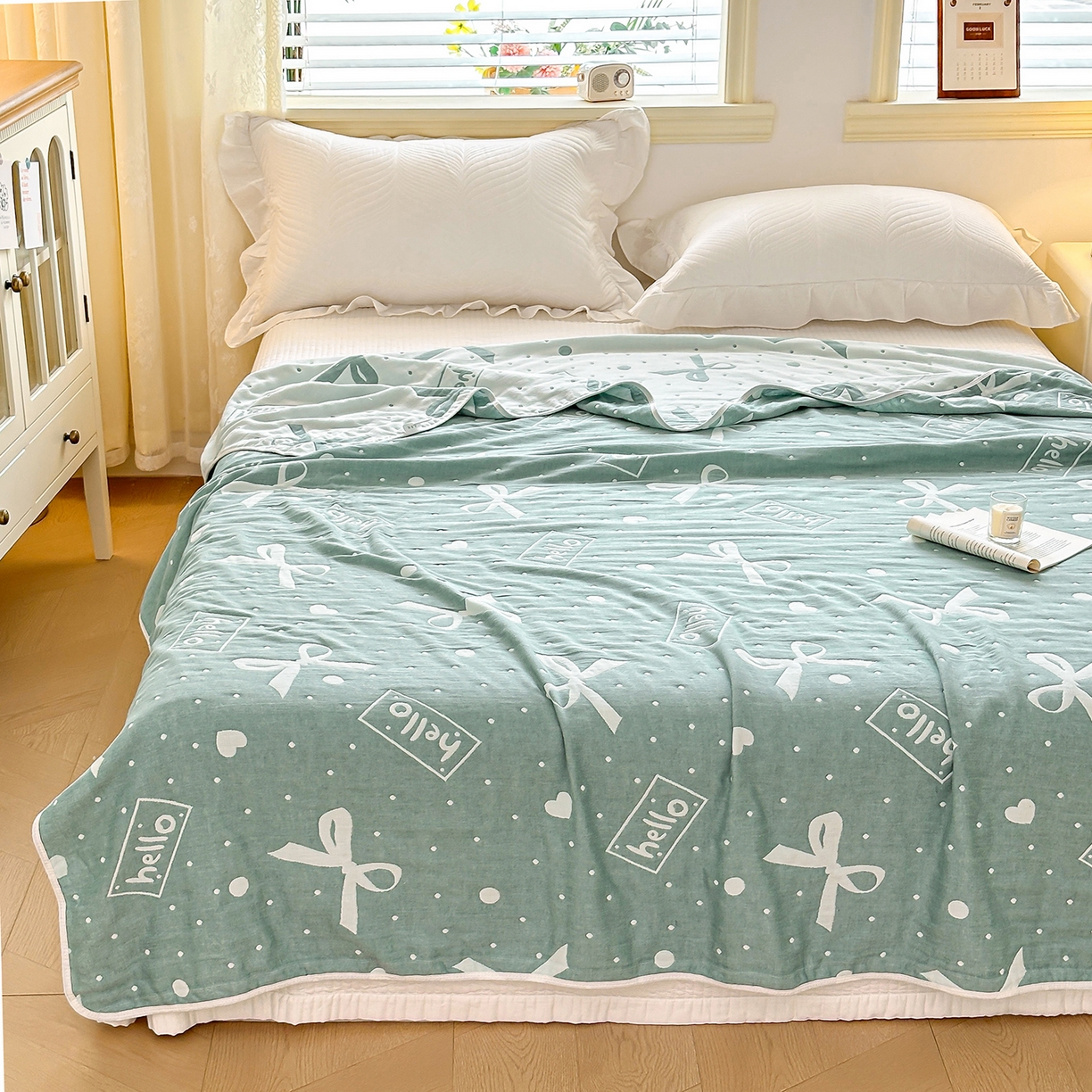 91家纺网 家纺一手货源 找家纺 小叮当家纺仓储工厂店 (买家秀 爆款花型 不断货)2025新款全棉六层纱布毛巾被系列 甜心窝-绿