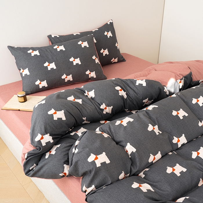 91家纺网 家纺一手货源 找家纺 竹合家纺 2025秋冬新款加厚磨毛色织暖绒系列针织四件套高克重 雪纳瑞-黑灰