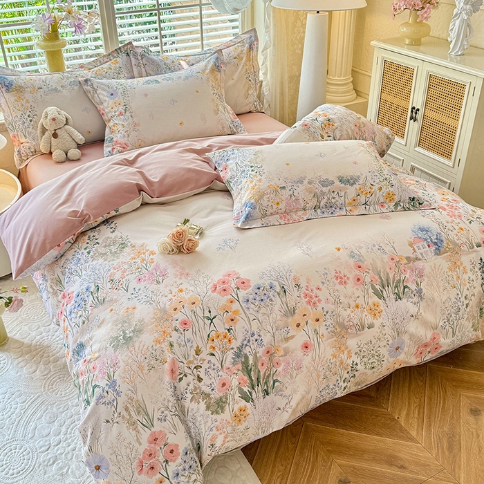 91家纺网 家纺一手货源 找家纺 巧玲珑 2025新款100%数码印花生态AB版四件套 D淡雅如梦