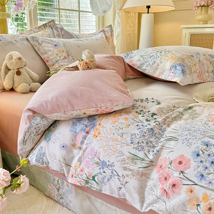 91家纺网 家纺一手货源 找家纺 巧玲珑 2025新款100%数码印花生态AB版四件套 D淡雅如梦