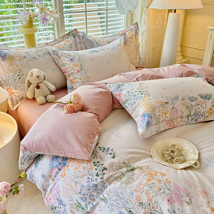 91家纺网 家纺一手货源 找家纺 巧玲珑 2025新款100%数码印花生态AB版四件套 D淡雅如梦