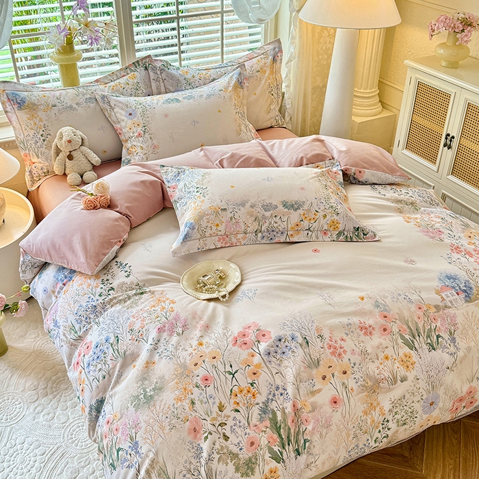 91家纺网 家纺一手货源 找家纺 巧玲珑 2025新款100%数码印花生态AB版四件套 D淡雅如梦