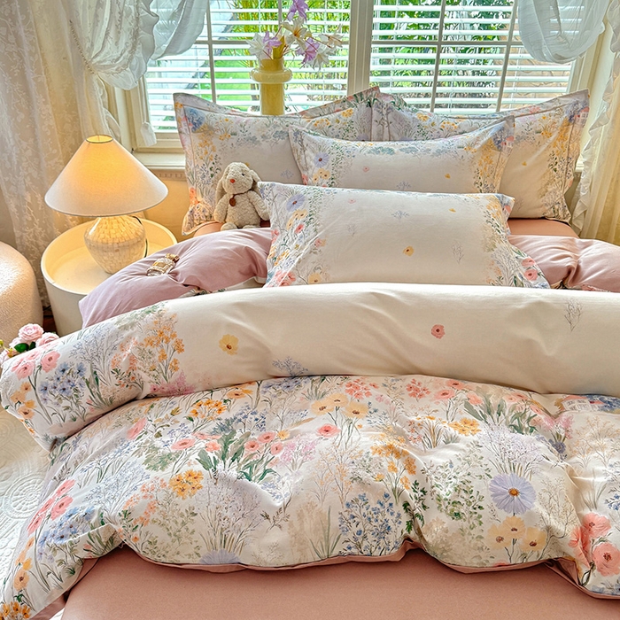 91家纺网 家纺一手货源 找家纺 巧玲珑 2025新款100%数码印花生态AB版四件套 D淡雅如梦