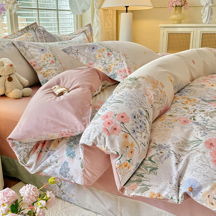 91家纺网 家纺一手货源 找家纺 巧玲珑 2025新款100%数码印花生态AB版四件套 D淡雅如梦