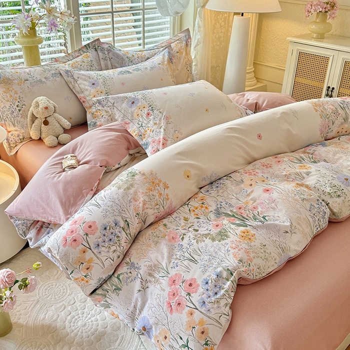 91家纺网 家纺一手货源 找家纺 巧玲珑 2025新款100%数码印花生态AB版四件套 D淡雅如梦