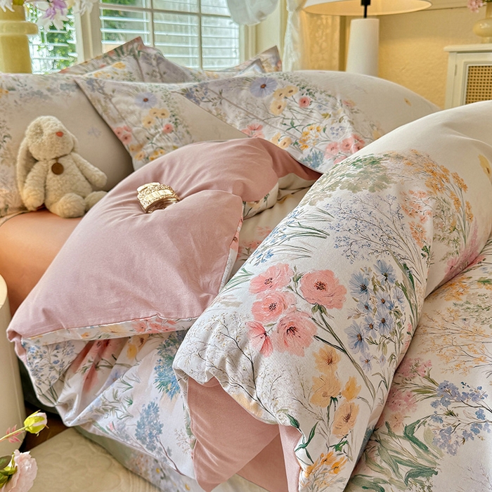 91家纺网 家纺一手货源 找家纺 巧玲珑 2025新款100%数码印花生态AB版四件套 D淡雅如梦