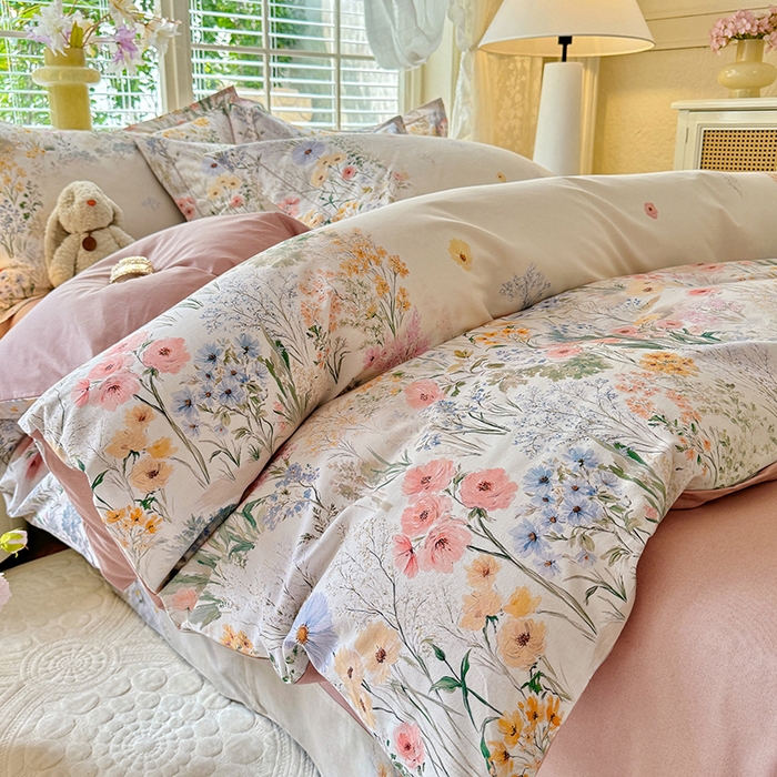 91家纺网 家纺一手货源 找家纺 巧玲珑 2025新款100%数码印花生态AB版四件套 D淡雅如梦