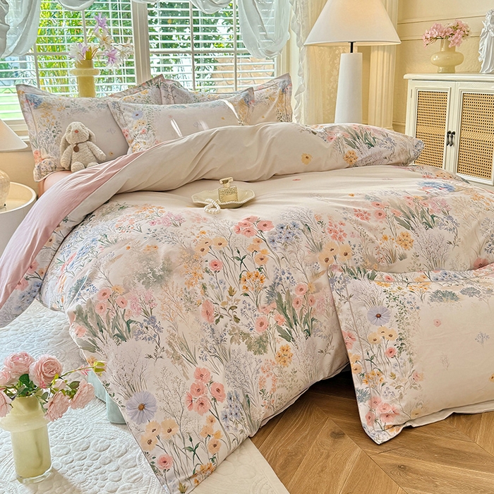 91家纺网 家纺一手货源 找家纺 巧玲珑 2025新款100%数码印花生态AB版四件套 D淡雅如梦