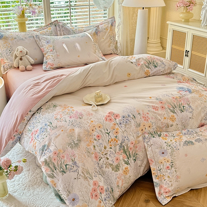 91家纺网 家纺一手货源 找家纺 巧玲珑 2025新款100%数码印花生态AB版四件套 D淡雅如梦