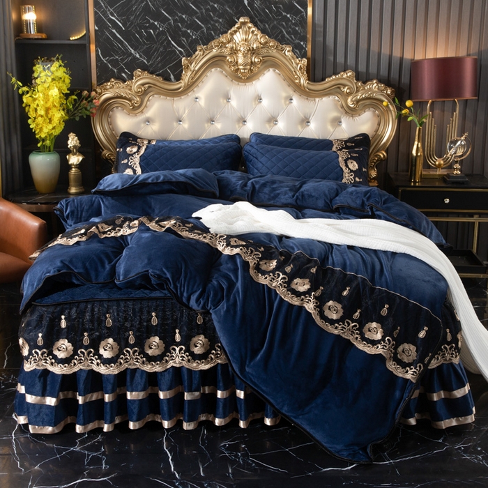 91家纺网 家纺一手货源 找家纺 小叮当家纺仓储工厂店 2025新款水晶绒夹棉床裙四件套 藏青