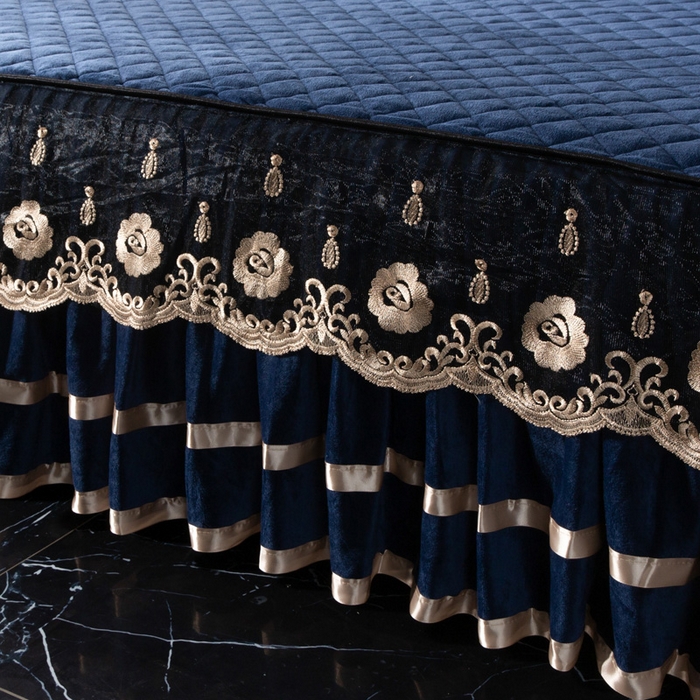 91家纺网 家纺一手货源 找家纺 小叮当家纺仓储工厂店 2025新款水晶绒夹棉床裙四件套 藏青