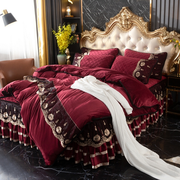 91家纺网 家纺一手货源 找家纺 小叮当家纺仓储工厂店 2025新款水晶绒夹棉床裙四件套 酒红