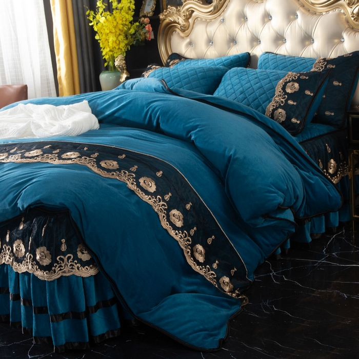 91家纺网 家纺一手货源 找家纺 小叮当家纺仓储工厂店 2025新款水晶绒夹棉床裙四件套 月光蓝