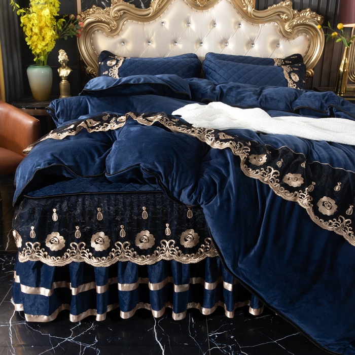 91家纺网 家纺一手货源 找家纺 小叮当家纺仓储工厂店 2025新款水晶绒夹棉床裙四件套 藏青