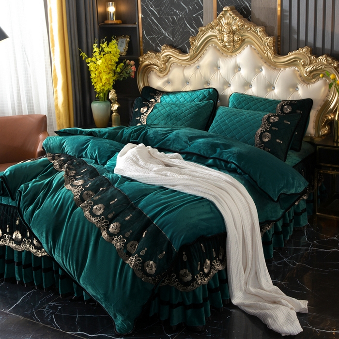 小叮当家纺仓储工厂店 2025新款水晶绒夹棉床裙四件套 墨绿