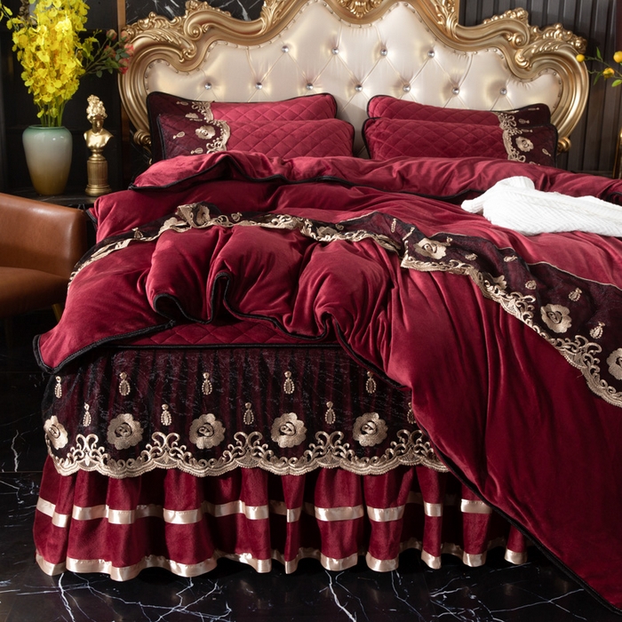 91家纺网 家纺一手货源 找家纺 小叮当家纺仓储工厂店 2025新款水晶绒夹棉床裙四件套 酒红