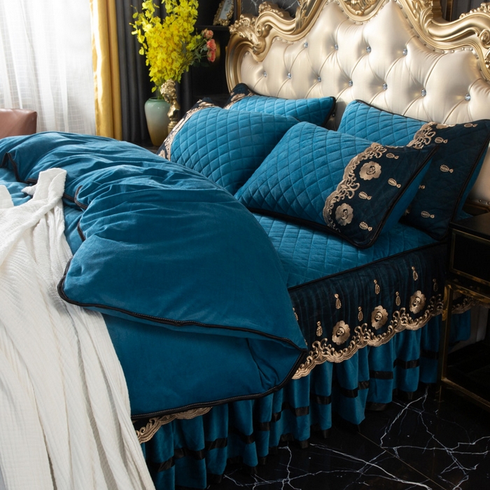 91家纺网 家纺一手货源 找家纺 小叮当家纺仓储工厂店 2025新款水晶绒夹棉床裙四件套 月光蓝