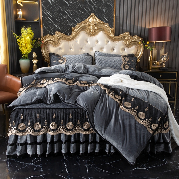 91家纺网 家纺一手货源 找家纺 小叮当家纺仓储工厂店 2025新款水晶绒夹棉床裙四件套 灰