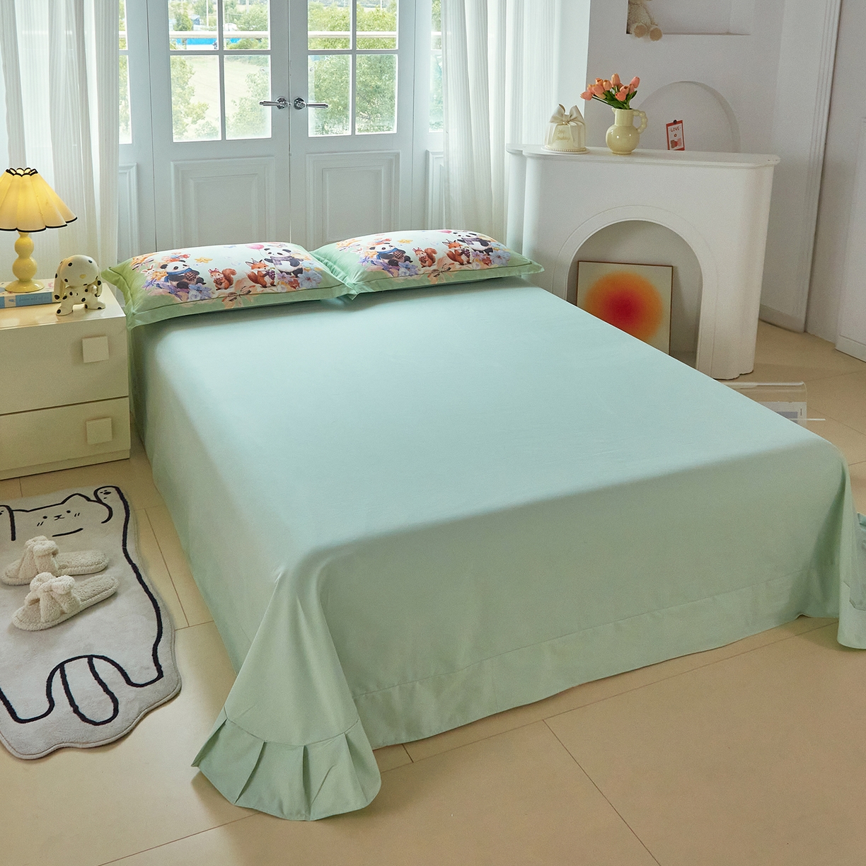 91家纺网 家纺一手货源 找家纺 格里芬家纺 2025新款全棉纯棉加厚油画风大版卡通印花四件套 （控价标准不低于238元） 墨宝妞妞-绿