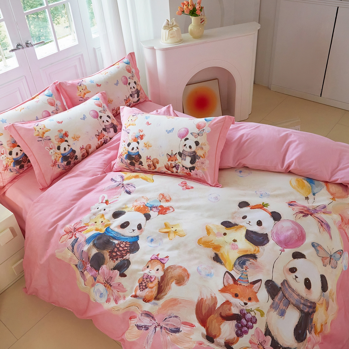 91家纺网 家纺一手货源 找家纺 格里芬家纺 2025新款全棉纯棉加厚油画风大版卡通印花四件套 （控价标准不低于238元） 墨宝妞妞-粉