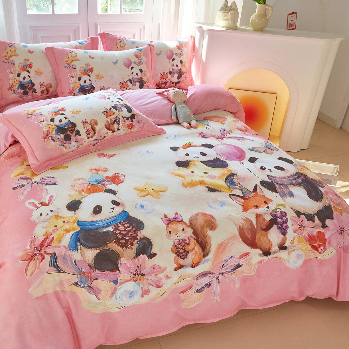 91家纺网 家纺一手货源 找家纺 格里芬家纺 2025新款全棉纯棉加厚油画风大版卡通印花四件套 （控价标准不低于238元） 墨宝妞妞-粉