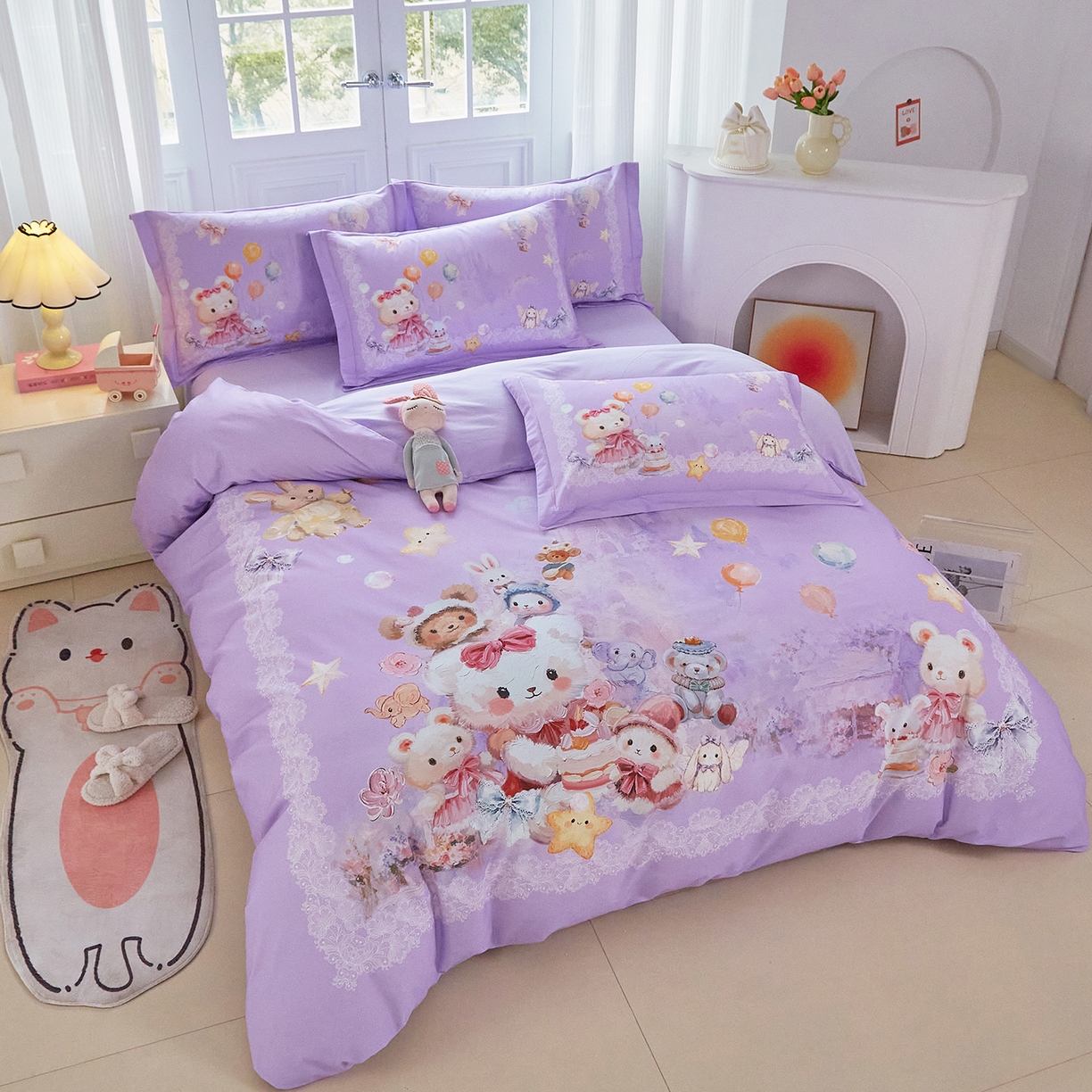 91家纺网 家纺一手货源 找家纺 格里芬家纺 2025新款全棉纯棉加厚油画风大版卡通印花四件套 （控价标准不低于238元） 魔仙宝-紫