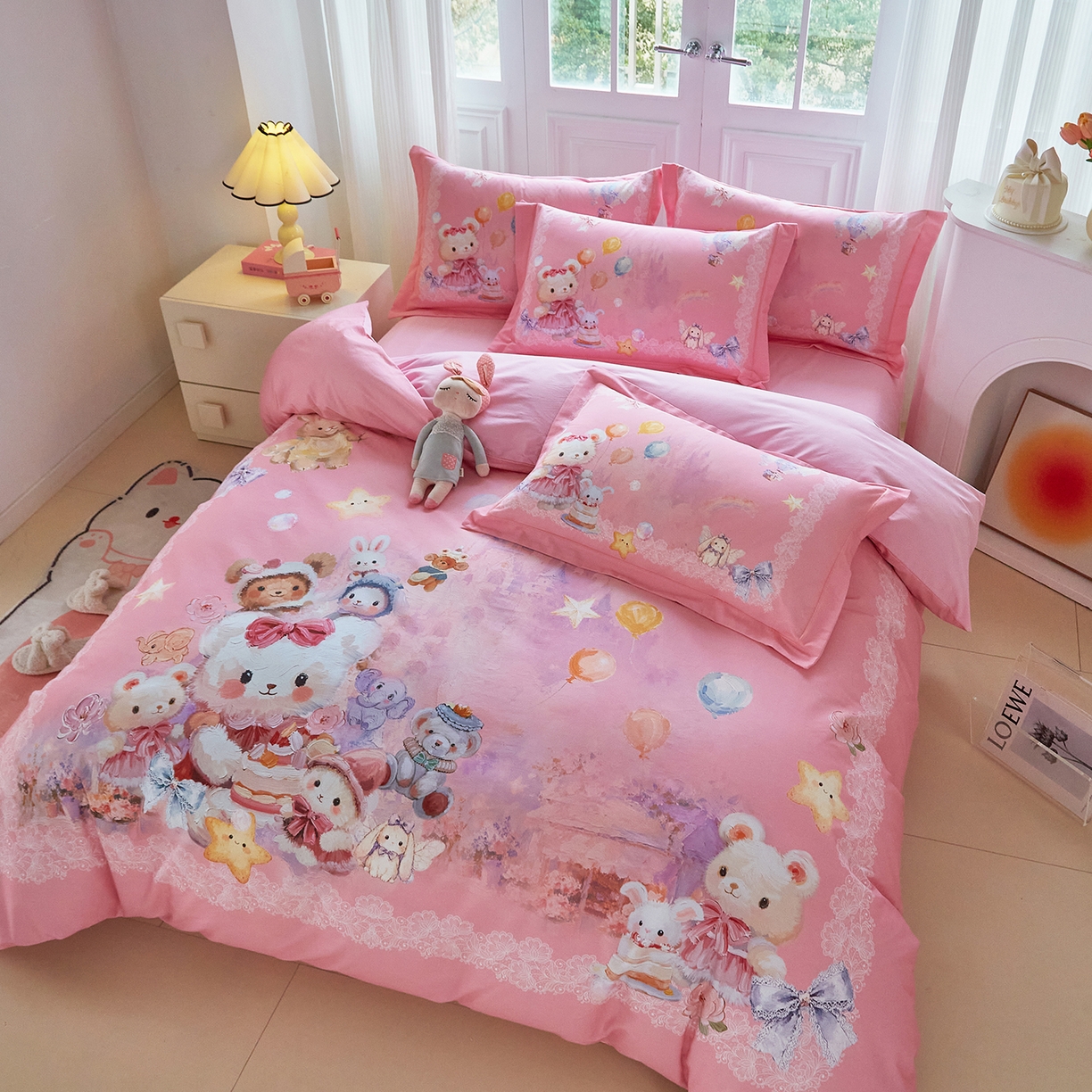 91家纺网 家纺一手货源 找家纺 格里芬家纺 2025新款全棉纯棉加厚油画风大版卡通印花四件套 （控价标准不低于238元） 魔仙宝-粉