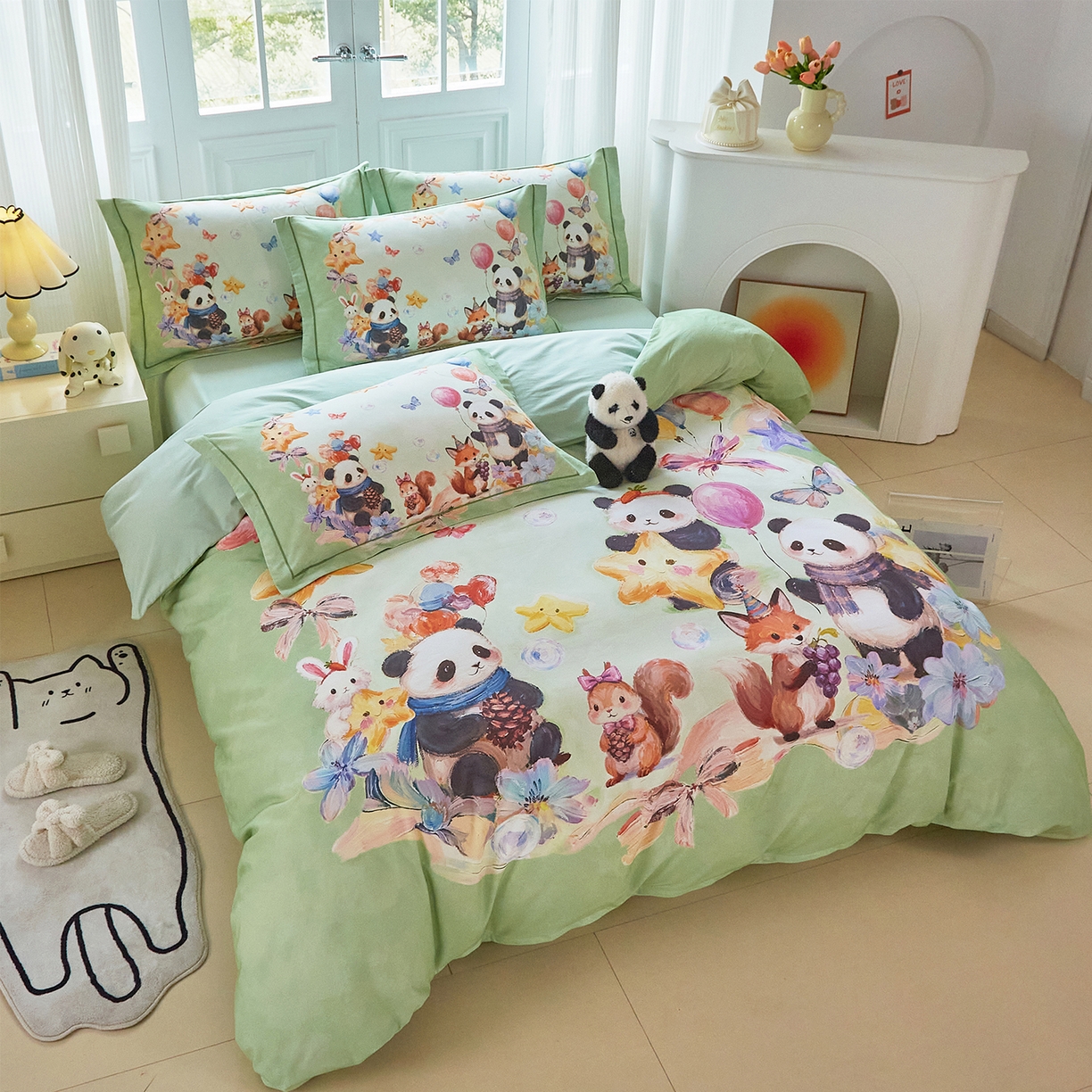 91家纺网 家纺一手货源 找家纺 格里芬家纺 2025新款全棉纯棉加厚油画风大版卡通印花四件套 （控价标准不低于238元） 墨宝妞妞-绿