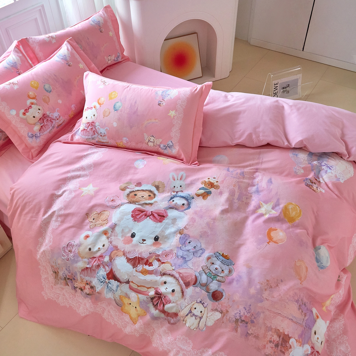 91家纺网 家纺一手货源 找家纺 格里芬家纺 2025新款全棉纯棉加厚油画风大版卡通印花四件套 （控价标准不低于238元） 魔仙宝-粉