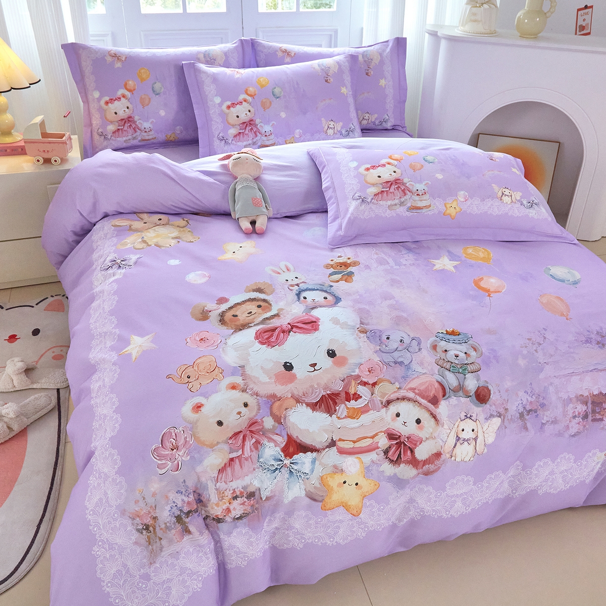 91家纺网 家纺一手货源 找家纺 格里芬家纺 2025新款全棉纯棉加厚油画风大版卡通印花四件套 （控价标准不低于238元） 魔仙宝-紫